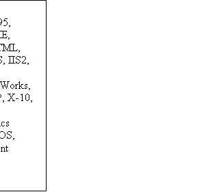 Text Box: Buzz Words for the Database;        
DOS, UNIX, Windows 3.1, Windows95, Windows98, WindowsNT, WindowsME, Windows2000, HTML, DHTML, XHTML, CSS, ASP, JavaScript, XML, XSL, IIS, IIS2, MS Office, Adobe, Corel, Symantec, Network Associates, AutoCAD, Solid Works, Lotus, Netscape, CSA, PACS, TCP/IP, X-10, remote access, remote control, remote viewing and building automation, Graphics design, layout and generation, UNIX DOS, TCP/IP, FTP, TFTP, telnet, AOL,  Front Page, HyperTerminal,  Network Administration

